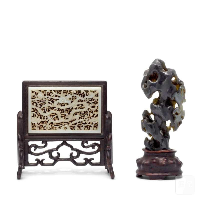 鏤空刻龍白玉帶板 及 黑白玉刻賞石 | TWO JADE CARVINGS